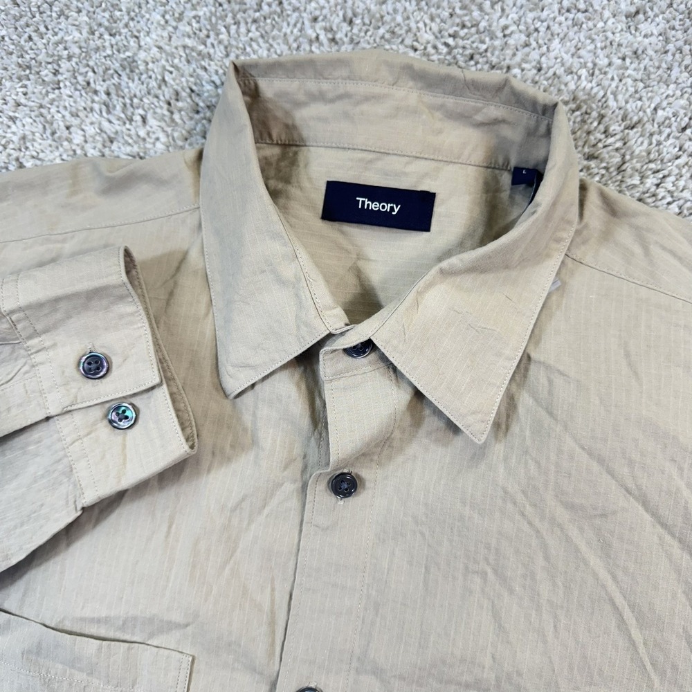 Theory Irving‎ Button Up Shirt Mens Large Beige Tan Cotton Long Sleeve